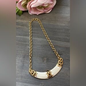 Vintage Cream Color Enamel Double Chain Gold Tone Collar Necklace
